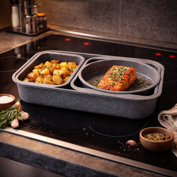 Комплект 4 тави за печене Cheffinger с мраморно незалепващо покритие – различни форми, компактно подреждане и удобство 2
