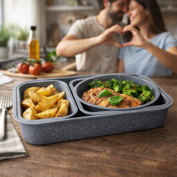 Комплект 4 тави за печене Cheffinger с мраморно незалепващо покритие – различни форми, компактно подреждане и удобство 3