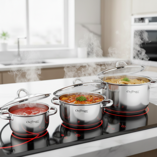 Тенджера от неръждаема стомана Cheffinger  с индукционно дъно и стъклен капак
