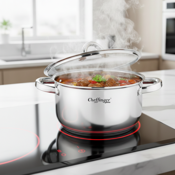 Тенджера от неръждаема стомана Cheffinger  с индукционно дъно и стъклен капак