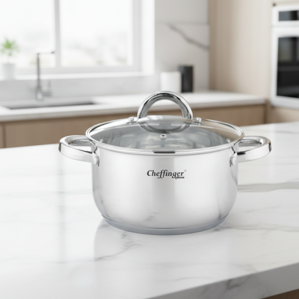 Тенджера от неръждаема стомана Cheffinger  с индукционно дъно и стъклен капак