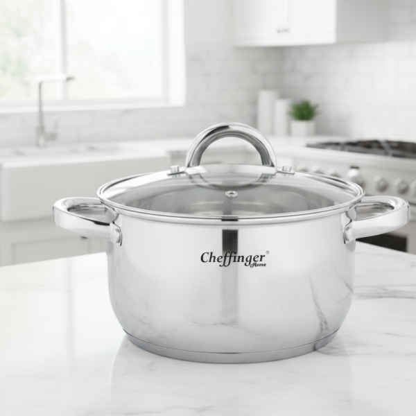 Тенджера от неръждаема стомана Cheffinger  с индукционно дъно и стъклен капак