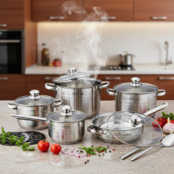 Комплект съдове за готвене 12 части Cheffinger, с индукционно дъно и стъклени капаци – тенджери, касерола и тиган