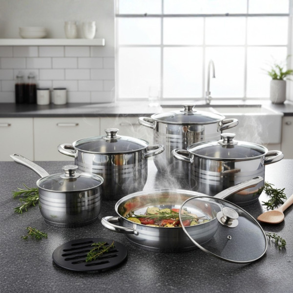 Комплект съдове за готвене 12 части Cheffinger, с индукционно дъно и стъклени капаци – тенджери, касерола и тиган