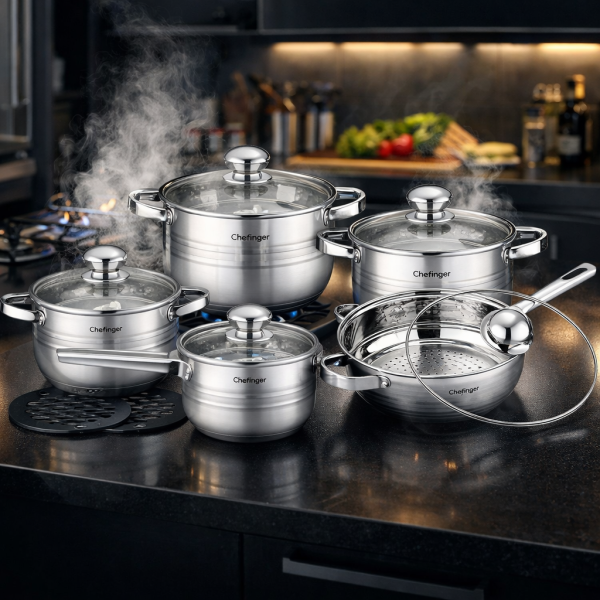 Комплект съдове за готвене 12 части Cheffinger, с индукционно дъно и стъклени капаци – тенджери, касерола и тиган