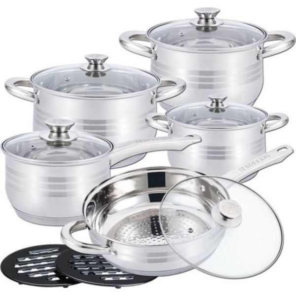 Комплект съдове за готвене 12 части Cheffinger, с индукционно дъно и стъклени капаци – тенджери, касерола и тиган 6