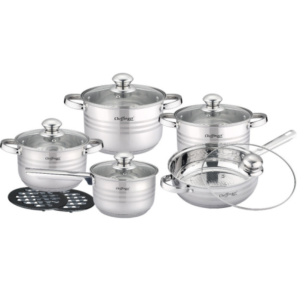 Комплект съдове за готвене 12 части Cheffinger, с индукционно дъно и стъклени капаци – тенджери, касерола и тиган 7