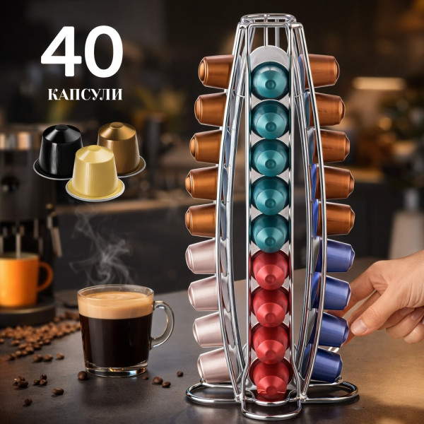 Въртящ се диспенсър за кафе Cheffinger, за капсули Nespresso – капацитет 40 капсули, компактен и стабилен дизайн
