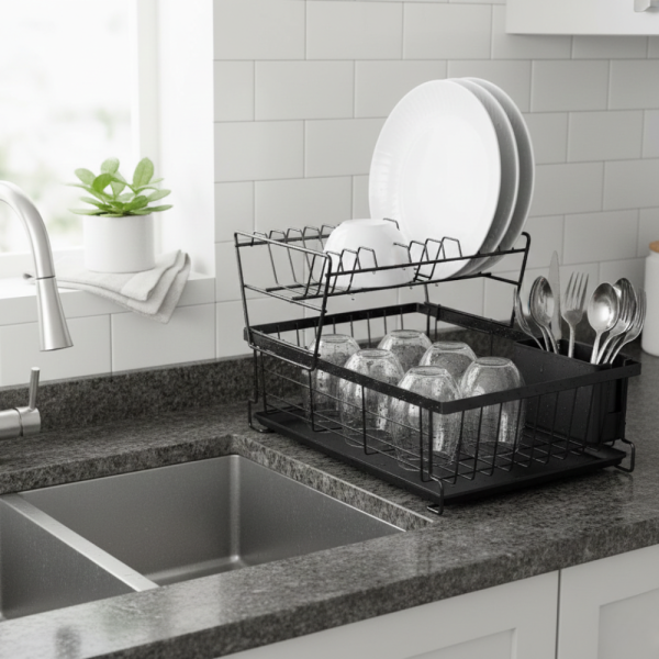 Двуетажен метален сушилник за съдове Cheffinger с отделение за прибори – повече ред и сух плот в кухнята