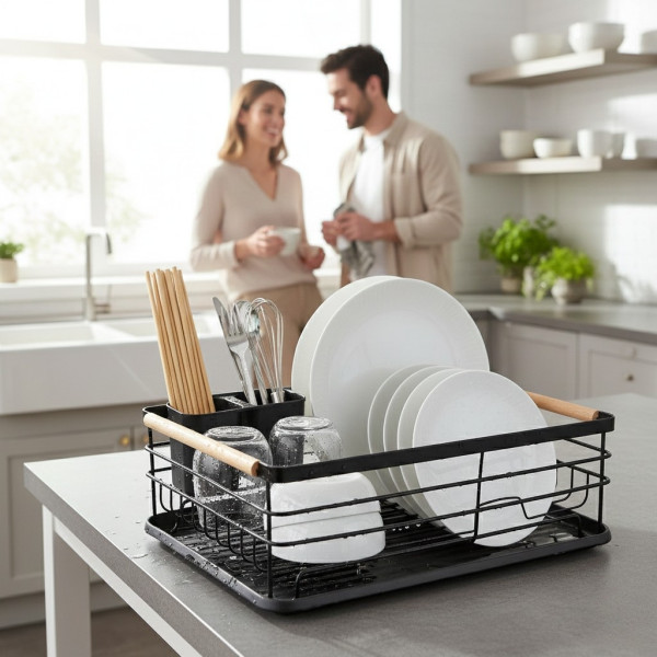 Компактен сушилник за съдове с отцеждаща табла Cheffinger – метален, 43 x 32 x 14 см, модерен дизайн