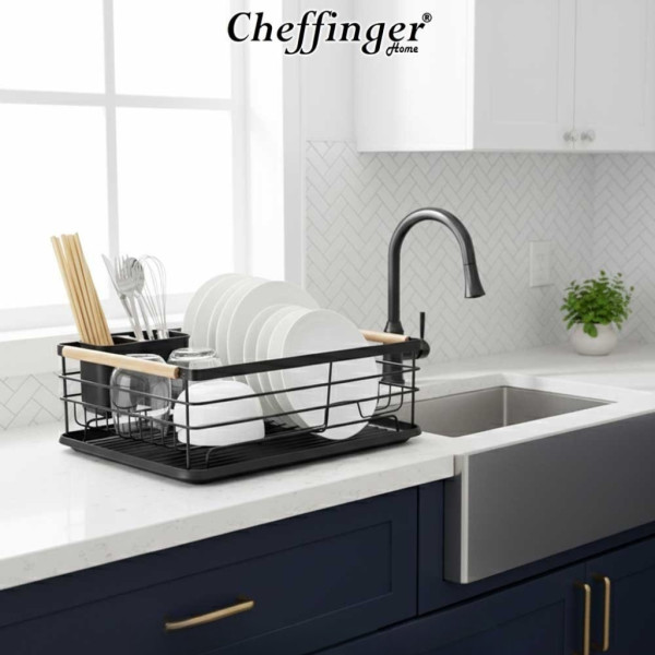 Компактен сушилник за съдове с отцеждаща табла Cheffinger – метален, 43 x 32 x 14 см, модерен дизайн 5