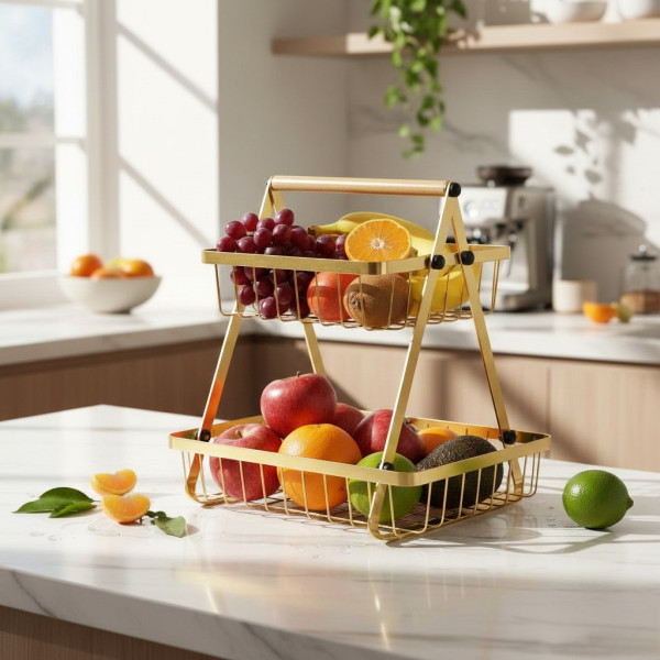 Двуетажна метална поставка за плодове Cheffinger – златист дизайн, компактна и стабилна 1