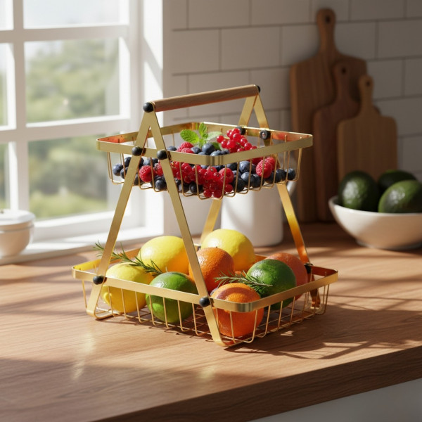 Двуетажна метална поставка за плодове Cheffinger – златист дизайн, компактна и стабилна 2