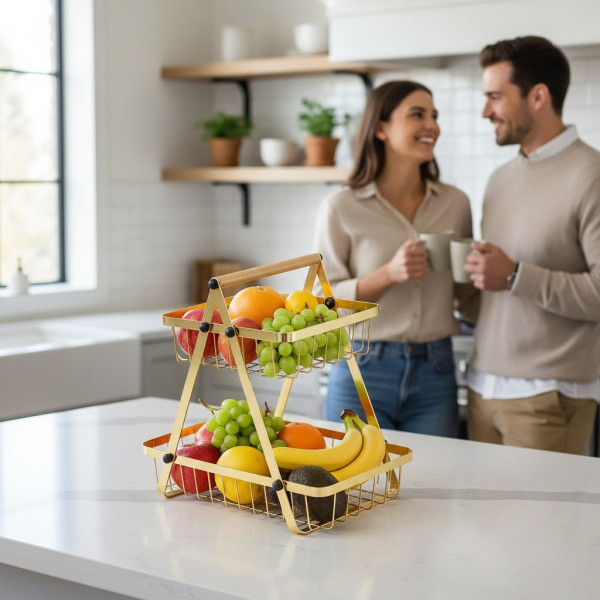 Двуетажна метална поставка за плодове Cheffinger – златист дизайн, компактна и стабилна