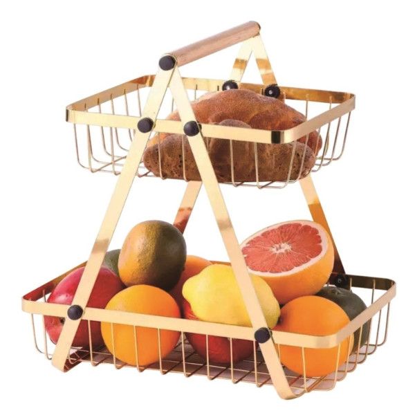 Двуетажна метална поставка за плодове Cheffinger – златист дизайн, компактна и стабилна 4