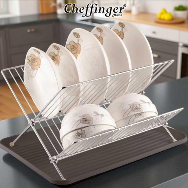 Двуетажен сушилник за съдове Cheffinger от неръждаема стомана с тава за отцеждане – здравина и ред в кухнята 6