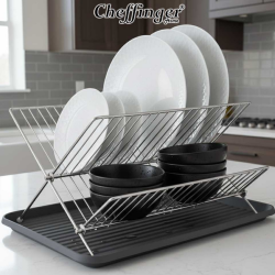 Двуетажен сушилник за съдове Cheffinger от неръждаема стомана с тава за отцеждане – здравина и ред в кухнята