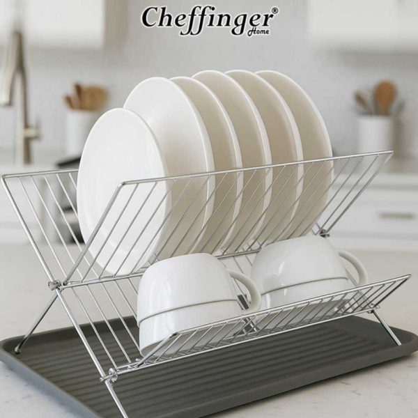 Двуетажен сушилник за съдове Cheffinger от неръждаема стомана с тава за отцеждане – здравина и ред в кухнята 5
