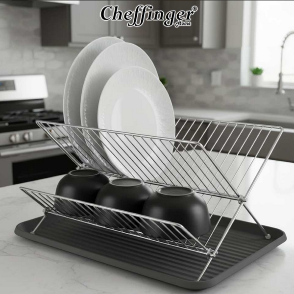 Двуетажен сушилник за съдове Cheffinger от неръждаема стомана с тава за отцеждане – здравина и ред в кухнята 2