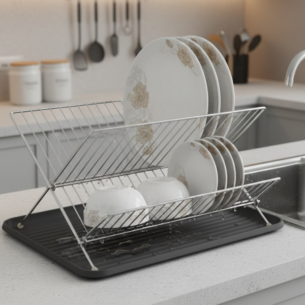 Двуетажен сушилник за съдове Cheffinger от неръждаема стомана с тава за отцеждане – здравина и ред в кухнята