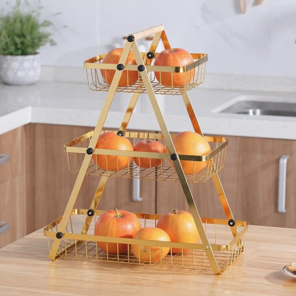 Триетажна метална поставка за плодове Cheffinger – златист дизайн, максимална организация и стил