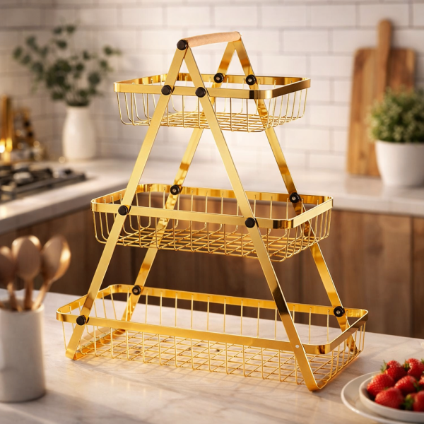 Триетажна метална поставка за плодове Cheffinger – златист дизайн, максимална организация и стил