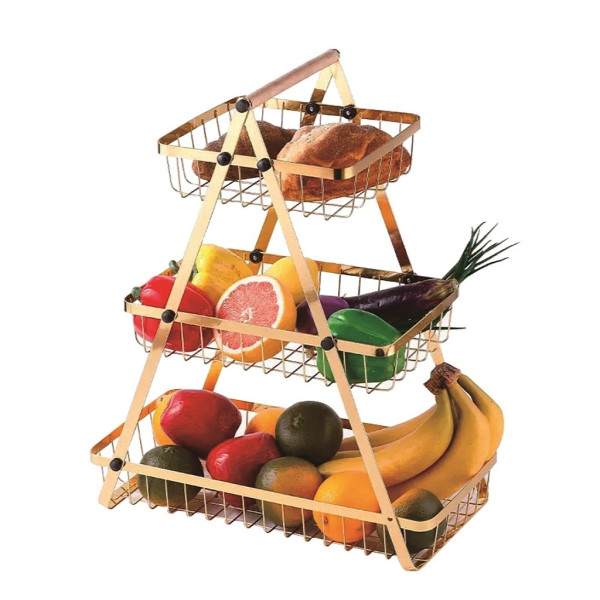 Триетажна метална поставка за плодове Cheffinger – златист дизайн, максимална организация и стил