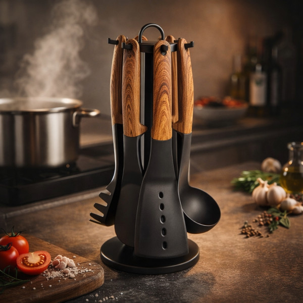 Комплект кухненски прибори 6 части с въртяща се стойка Cheffinger – дървесна визия, практичен и стилен дизайн