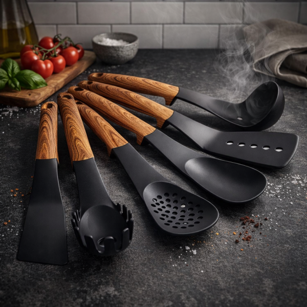 Комплект кухненски прибори 6 части с въртяща се стойка Cheffinger – дървесна визия, практичен и стилен дизайн 3