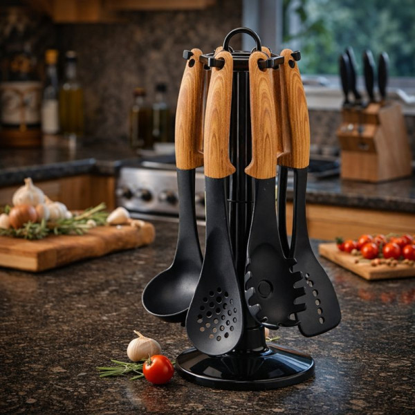 Комплект кухненски прибори 6 части с въртяща се стойка Cheffinger – дървесна визия, практичен и стилен дизайн