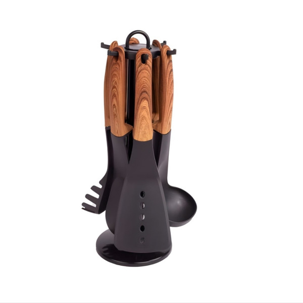 Комплект кухненски прибори 6 части с въртяща се стойка Cheffinger – дървесна визия, практичен и стилен дизайн 6