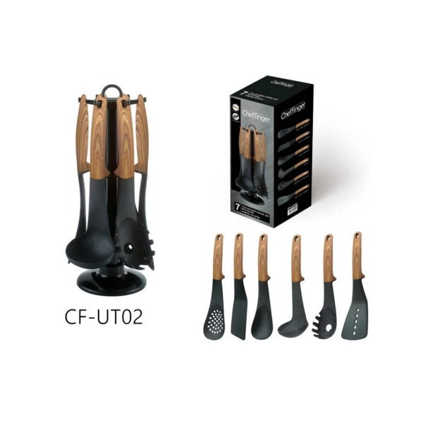 Комплект кухненски прибори 6 части с въртяща се стойка Cheffinger – дървесна визия, практичен и стилен дизайн 8
