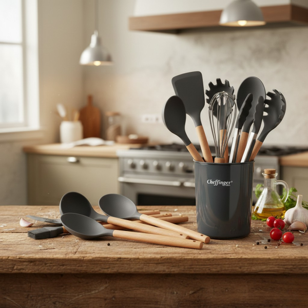 Комплект 12 части кухненски прибори със стойка Cheffinger – силиконови накрайници, дървени дръжки, термоустойчиви до 230°C 2