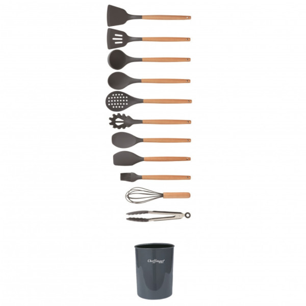 Комплект 12 части кухненски прибори със стойка Cheffinger – силиконови накрайници, дървени дръжки, термоустойчиви до 230°C 9