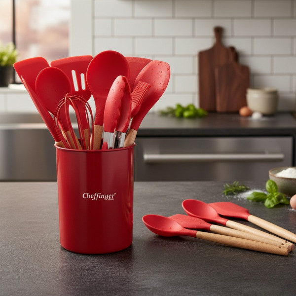 Комплект 12 части кухненски прибори със стойка Cheffinger – силиконови накрайници, дървени дръжки, термоустойчиви до 230°C 6