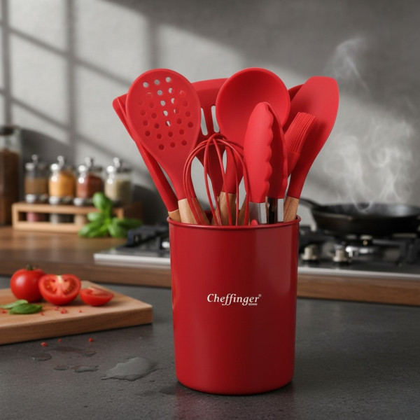 Комплект 12 части кухненски прибори със стойка Cheffinger – силиконови накрайници, дървени дръжки, термоустойчиви до 230°C