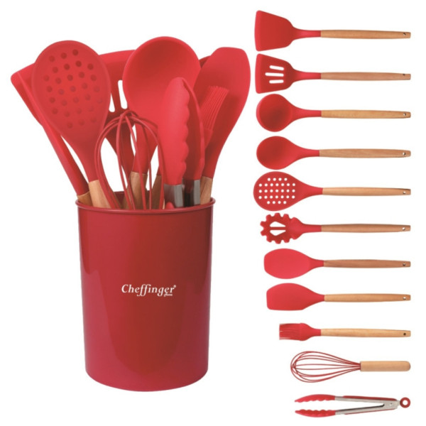 Комплект 12 части кухненски прибори със стойка Cheffinger – силиконови накрайници, дървени дръжки, термоустойчиви до 230°C