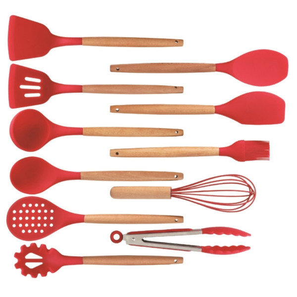 Комплект 12 части кухненски прибори със стойка Cheffinger – силиконови накрайници, дървени дръжки, термоустойчиви до 230°C 13