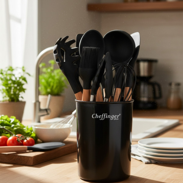 Комплект 12 части кухненски прибори със стойка Cheffinger – силиконови накрайници, дървени дръжки, термоустойчиви до 230°C