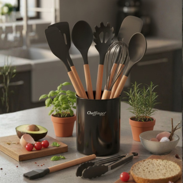 Комплект 12 части кухненски прибори със стойка Cheffinger – силиконови накрайници, дървени дръжки, термоустойчиви до 230°C