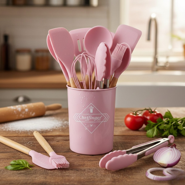 Комплект 12 части кухненски прибори със стойка Cheffinger – силиконови накрайници, дървени дръжки, термоустойчиви до 230°C