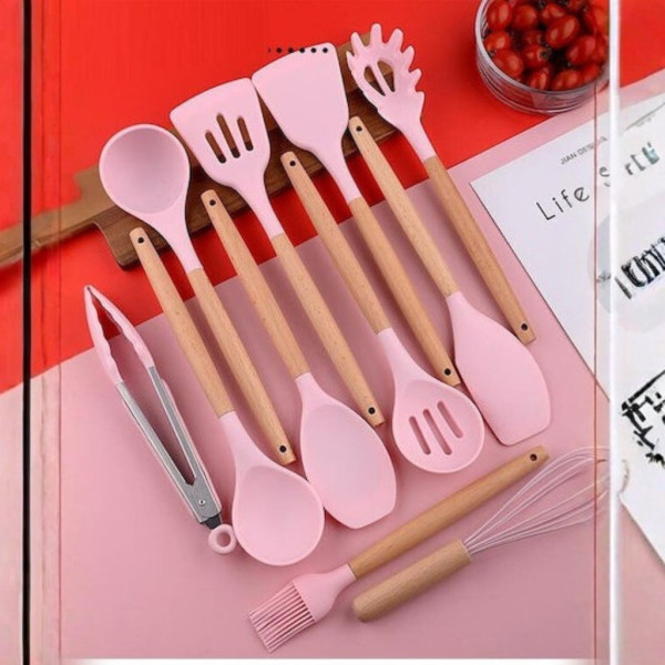 Комплект 12 части кухненски прибори със стойка Cheffinger – силиконови накрайници, дървени дръжки, термоустойчиви до 230°C 21