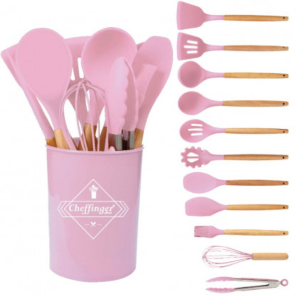 Комплект 12 части кухненски прибори със стойка Cheffinger – силиконови накрайници, дървени дръжки, термоустойчиви до 230°C