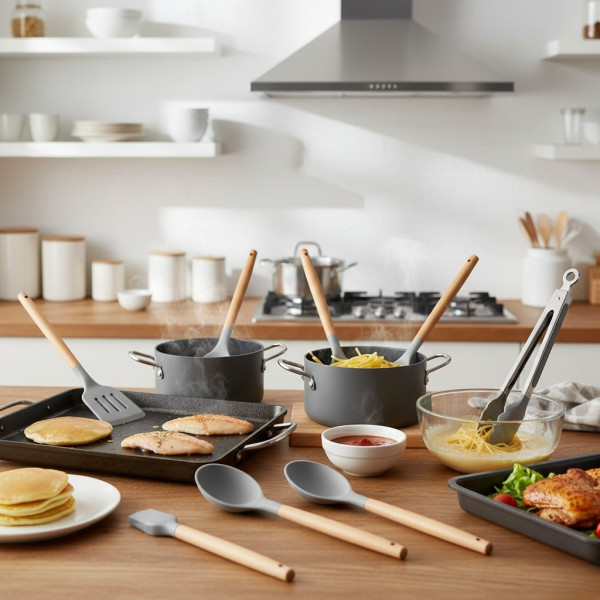 Комплект 12 части кухненски прибори със стойка Cheffinger – силиконови накрайници, дървени дръжки, термоустойчиви до 230°C