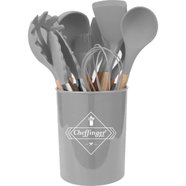 Комплект 12 части кухненски прибори със стойка Cheffinger – силиконови накрайници, дървени дръжки, термоустойчиви до 230°C 26