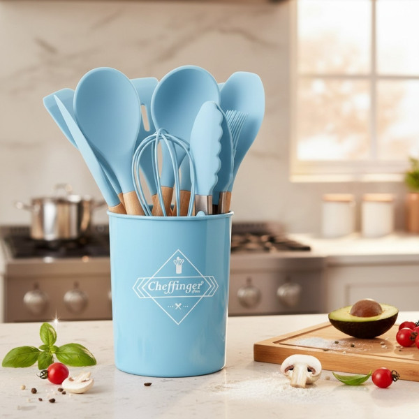 Комплект 12 части кухненски прибори със стойка Cheffinger – силиконови накрайници, дървени дръжки, термоустойчиви до 230°C