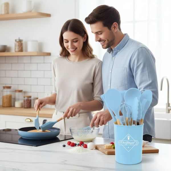 Комплект 12 части кухненски прибори със стойка Cheffinger – силиконови накрайници, дървени дръжки, термоустойчиви до 230°C