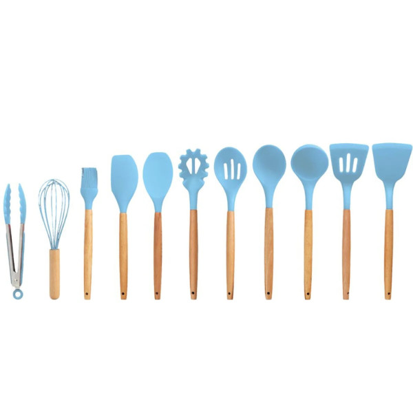 Комплект 12 части кухненски прибори със стойка Cheffinger – силиконови накрайници, дървени дръжки, термоустойчиви до 230°C