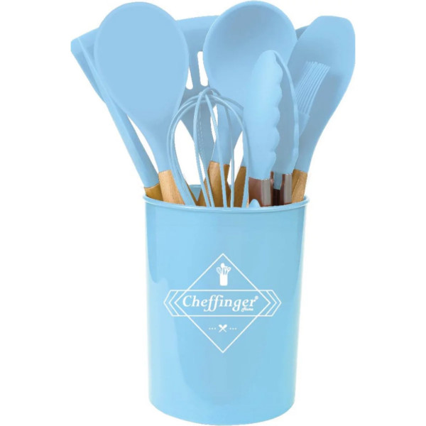 Комплект 12 части кухненски прибори със стойка Cheffinger – силиконови накрайници, дървени дръжки, термоустойчиви до 230°C