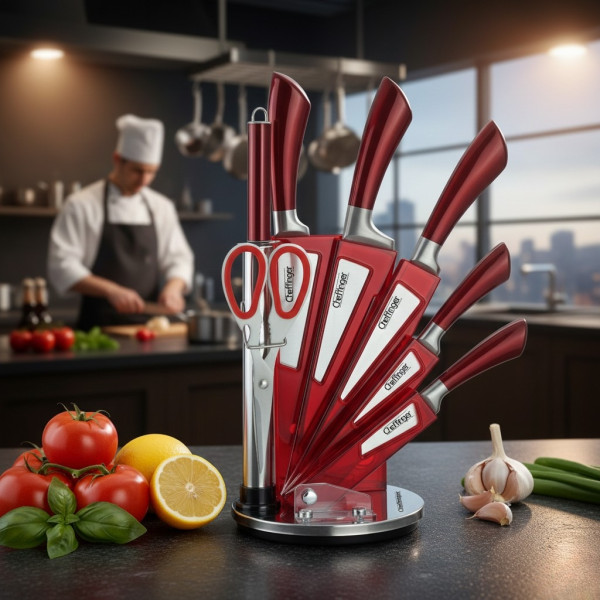 Комплект ножове 8 части със стойка Cheffinger – неръждаема стомана, въртяща се акрилна поставка 360° 1